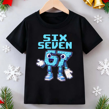 Blue Robot Six Seven Pattern Printed 1-Piece Casual Sports Short-Sleeve Soft Fabric Clothing for Boys and Girls, Trendy Brand Sportswear for Older Children, Gift for Brothers and Children as a Christmas Present