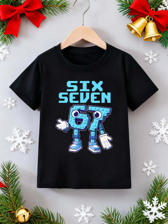 Blue Robot Six Seven Pattern Printed 1-Piece Casual Sports Short-Sleeve Soft Fabric Clothing for Boys and Girls, Trendy Brand Sportswear for Older Children, Gift for Brothers and Children as a Christmas Present