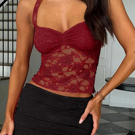 Spring/Summer 2025 New Arrival Women's Y2K Style Sleeveless Lace-Trimmed Fitted T-Shirt Lace-Tie Plain-Colour Tank Top