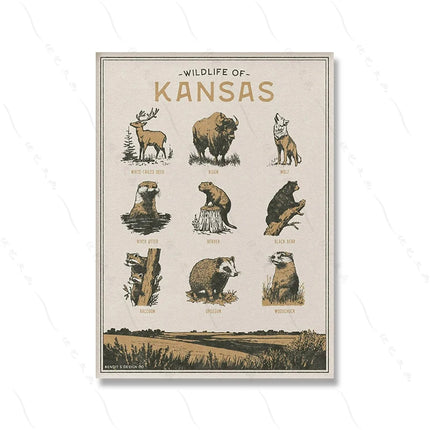 Wisconsin Mexico Kansas Kentucky Nevada Hawaii Wildlife Wall Art Print Vintage Animal Poster Archival Pictures Canvas Painting
