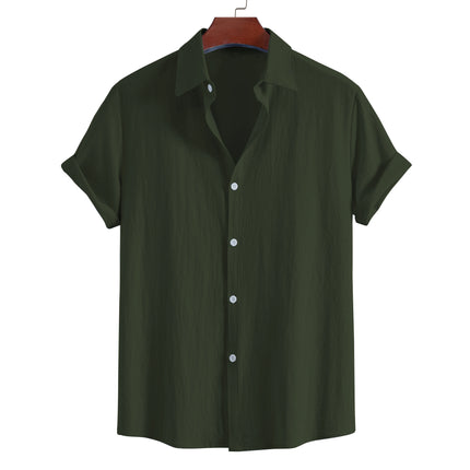 Men's Summer Lapel Short Sleeve Solid Color Button Cardigan, Fashionable Cotton Men's Shirt Tops