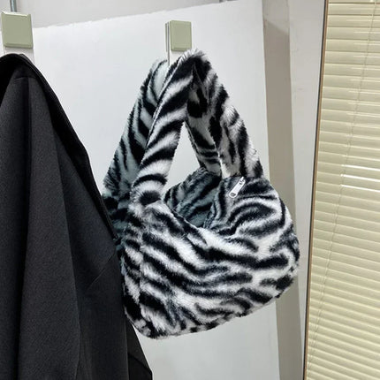Y2k Korean Plush Retro Leopard Print Bags for Women Underarm Bags Leopard Zebra Pattern Fluffy Tote Bags Small Purses Handbags