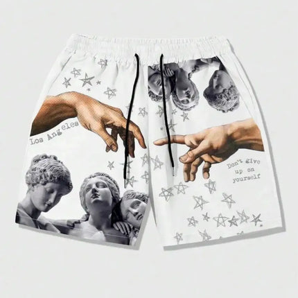 European and American men's summer luxurious statue print comfortable breathable drawstring shorts outdoor vacation casual pants