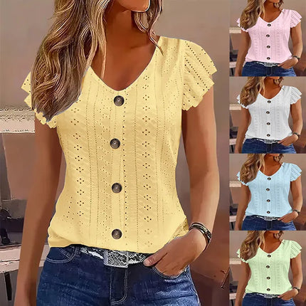 2025 Spring/Summer New Women's Fashion Stylish Commute Casual Solid Color Multi-Color Ruffle Sleeve V-Neck T-Shirt