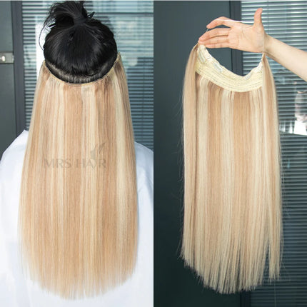 #1 Jet Black Fish Line Wire Hair Extensions Invisible Clip in Human Hair Extensions 4 Clips Real Natural Hair 12-24Inch