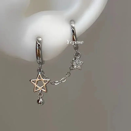1PCS Silver Color Star Chain Double Ear Hole Stainless Steel Ear Bone Nail Y2K Fashion Hottie Earrings for Women Jewelry