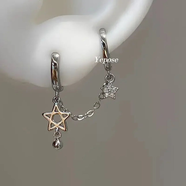 1PCS Silver Color Star Chain Double Ear Hole Stainless Steel Ear Bone Nail Y2K Fashion Hottie Earrings for Women Jewelry