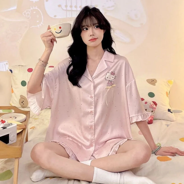 Kawaii Hello Kitty Pajamas Set Sanrio Anime Summer Women Pink polka dots Sleepwear Shorts Cartoon Soft Comfortable Home Clothing