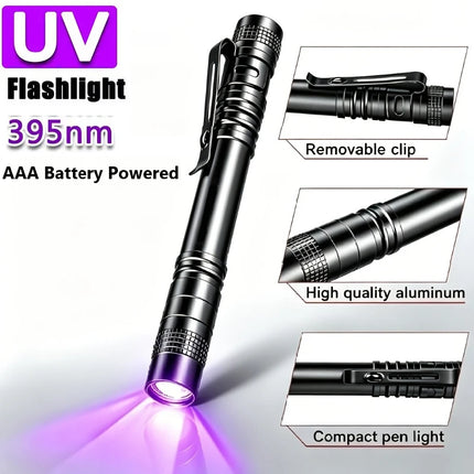 395nm UV Pen FLaslight,Blacklight Flashlight w/ Clip Portable Detector for Hotel/Pet Urine/Bed Bugs/Camping(AAA Battery Powered)