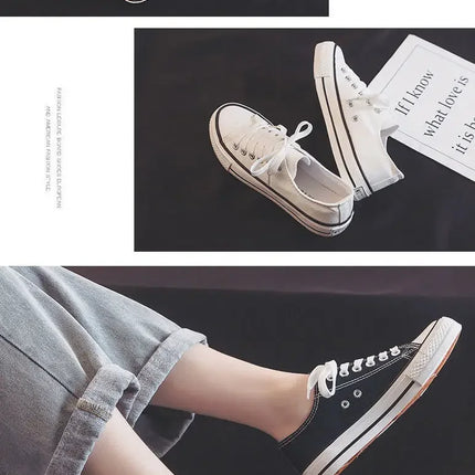 Flat Bottom Canvas Shoes Women's Versatile Low Cut Rubber Sole Pure Color Adult Slip-On Fashion Trendy White Sneakers