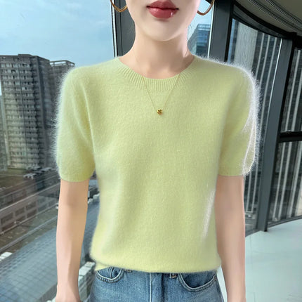 New Knitted Women's 100% mink cashmere short sleeved sweater T-shirt Simple and versatile Women's O-neck pullover FRSEUCAG brand