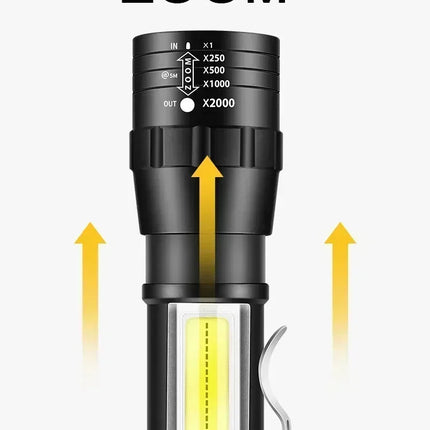 Portable Rechargeable LED Flashlight with Pen Clip Zoomable Waterproof Torch with Side Light Outdoor Camping Emergency Lantern