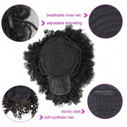 Afro Puff Drawstring Ponytail with Bangs Pineapple Updo Hair for Black Women, Short Kinky Curly Synthetic Ponytail Bun