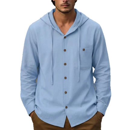 Summer Hot Sale Beach Style Shirts Men's Long-Sleeved With Hood Cotton Linen Solid Color Casual Versatile Collar Shirt Male Top