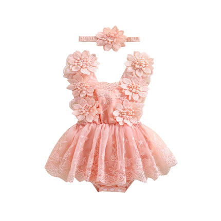 0-24 Months Baby Girl Romper Dress Outfit Flower Embroidery Tie-Up Mesh Bodysuits Bow Headband 2 Piece Summer Set