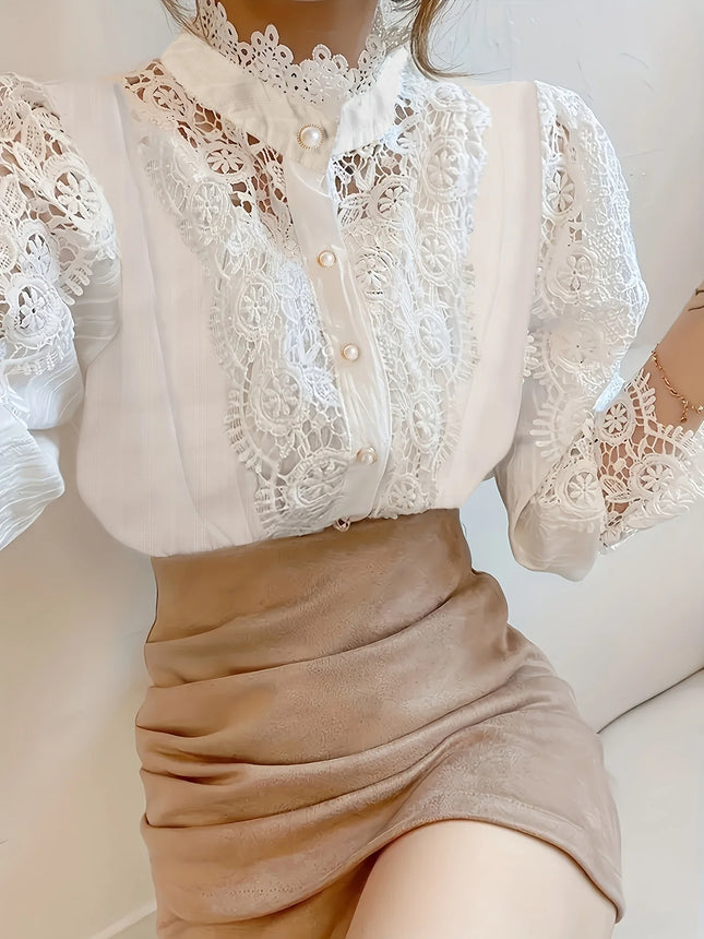 Plus Size Spring Women's  Elegant Lantern Sleeve Solid Color Pleated Shirt