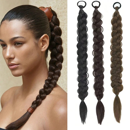 24inch Braided Ponytail for Women Long Straight Braids Ponytail with Rubber Band Synthetic Wrap Around Braid Horse Tail Extensio