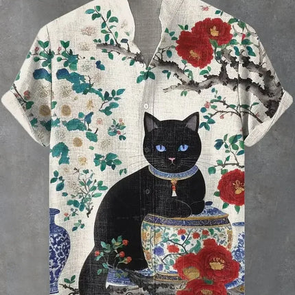 Men's Funny Cat Print Beach Shirts 3D Full Print Hawaiian Shirt for Men Women Summer Short Sleeve Lapel Aloha Shirt Blouse