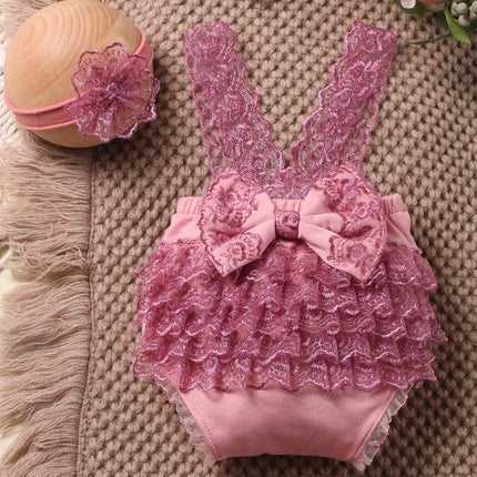 Ylsteed Newborn Photography Outfits Big Bowknot Baby Lace Romper with Hairband Blue Suspender Trousers Photo Shooting Overalls