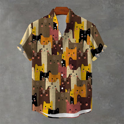 Men's New Short-Sleeved Shirt, Cartoon Cat Print, Hawaiian Style Casual Vacation Lapel Top, Wrinkle-Resistant and Non-Iron.