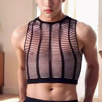 Muscle Men's Mesh Top with Net Panties Sexy Bodysuits Male Club wear Erotic Hollow Out Set Black