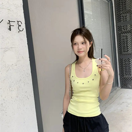 White Hollow out Work Letter Strap Vest Women Summer Design Unique American Spicy Slim Fit Svel Top Outerwear