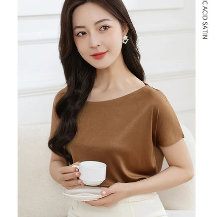 Summer women's short sleeved acetate fabric high-end knitted women's T-shirt thin European style hot selling women's T-shirt