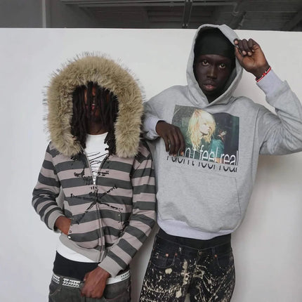 New American loose hooded sports hoodie with striped print for autumn and winter 2026, women's fur collar long sleeved hoodie