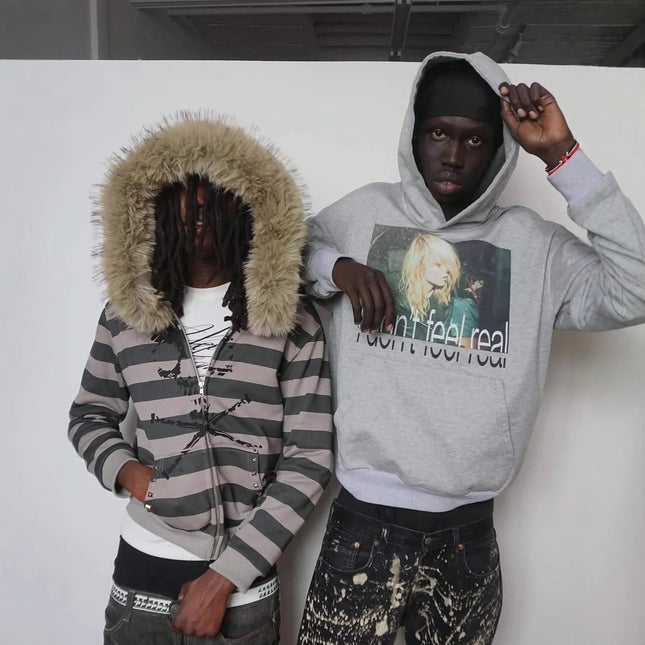 New American loose hooded sports hoodie with striped print for autumn and winter 2026, women's fur collar long sleeved hoodie