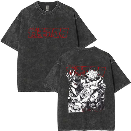 Washed Vintage Anime Gachiakuta Rudo Enjin Zanka Riyo Face Graphic T-shirt Men Women Casual Cartoon Manga Short Sleeve T-shirts