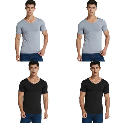 4Pcs Summer Ice Silk Men T-Shirt Vest Men's No Trace Sports Short Sleeve T-shirt Solid V-neck Tees Quick Dry Shirt Tops Fitness