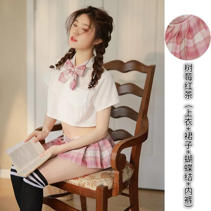 Sexy Pleated Skirt Lingerie Set Women's Passionate JK Uniform Cute Student Short Skirt Roleplay Costume Polyester Fabric