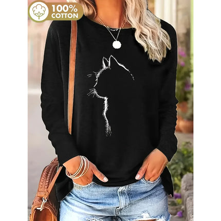 Women's Soft 100% Cotton Black Cat Long Sleeve T-Shirt Top for Everyday Basic Tee Casual Chic Style
