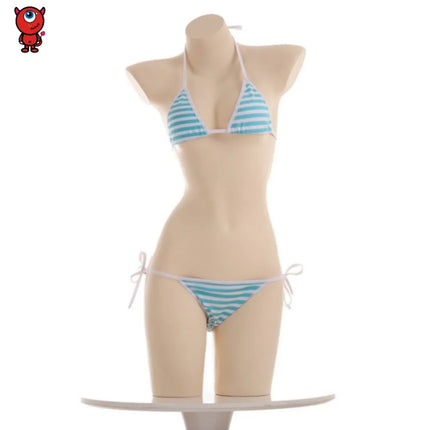 Japanese Sexy Lingerie Lolita Kawaii Blue Pink White Striped Mini Bikini Adult Cosplay Sexy Costumes Bra Women Underwear Set