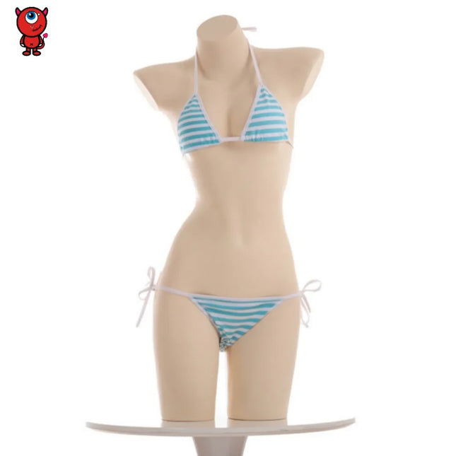 Japanese Sexy Lingerie Lolita Kawaii Blue Pink White Striped Mini Bikini Adult Cosplay Sexy Costumes Bra Women Underwear Set