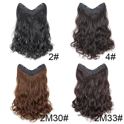 24Inch Synthetic Long Culry Hair Extension V-shaped One Piece Fluffy Invisible Hair Black Brown Hairpiece for Women