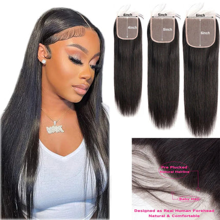 4x4 5x5 6x6 Lace Closure Human Hair Hand Tied Straight Transparent Lace Closure Brazilian Human Hair Length 12 inch to 24 inch