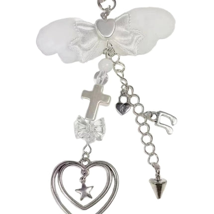 Sweet Bowknot Pendant Phone Chain Rope Wing Keychain Handmade Cellphone Strap Lanyard Acrylic Keyring Bag Ornament