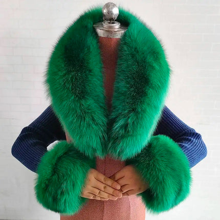 Winter Natural Fox Fur Scarf And Cuff Set Women Jacket Fur Collar Authentic Neck Warm Scarves Luxury Fluffy Fox Fur Shawl