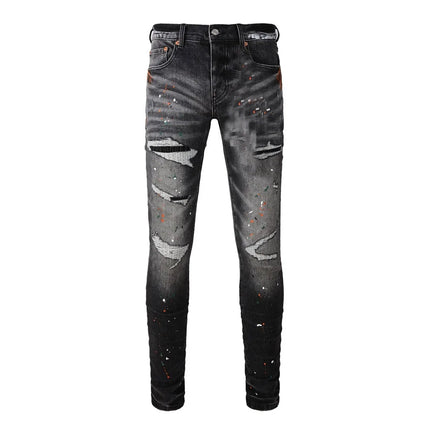 High Street Men's Jeans American Distressed Dark Black Coated Blank Stretch Skinny Button Fly Ripped Pants Trousers