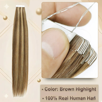 Tape In Human Hair Extensions Brown Highlight Straight 12-22Inch 50g/pack 100% Remy Human Hair Seamless Skin Weft For Women