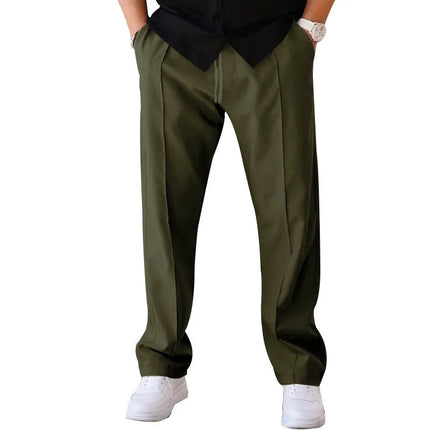 Men Casual LooseStraight Leg Dress Pants Elastic Drawstring Waist Front Seam Plain Wide Leg Trousers Daily Street Vacation Relax