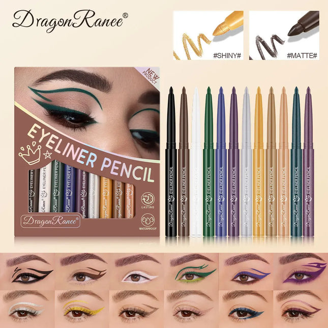 12pcs/box Black Gold Eyeliner Pencil Set Long-Lasting Waterproof Pigment Green Purple Eye Liner Pen Women Colorful Eye Cosmetics