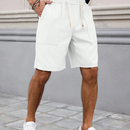 Summer Men's Retro American Style Shorts with Drawstring Casual Pants Included Solid Color Trendy Mid-Length Men's Shorts