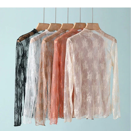 Trendy Sexy Women Mesh T-Shirts Transparent Lace Blouse Long Sleeve See Through Tops for Women O Neck Sheer Tees Body Crop Top