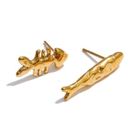 Yhpup Ocean Series Stainless Steel Metal Fishbone Asymmetrical Stud Earrings 18K Gold Color PVD Plated Summer Beach Jewelry