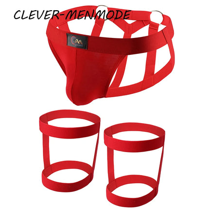 men Sexy Open Crotch G-String Garter Thong Erotic T-Back Jockstrap Leg Harness Lingerie Leg Strap Penis Pouch Metal Ring Panties