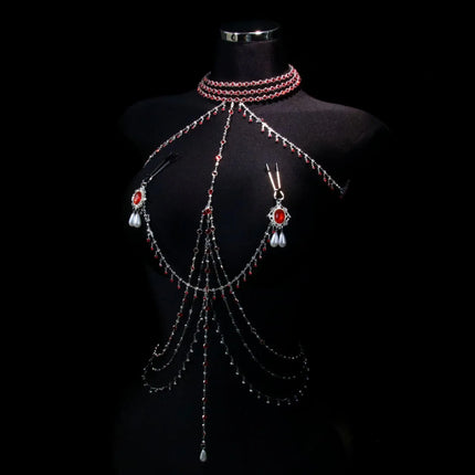 Red Tassel Gem Nipple Clamps Erotic Collar Body Chain Chest Restraint BDSM Women's Sexy Body Accessories Fetish Adult Sex Toys