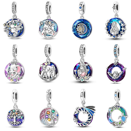 100% 925 Sterling Silver Blue Crystal Life Tree Angel Star Moon Pendants Charms Fit Qikaola 925 Original Bracelets DIY Jewelry