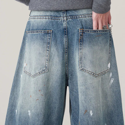 Autumn Korean Splashed Ink Jeans Men'S Straight Leg Pants Fashionable High Street Retro Loose Wide Leg Pants Design Pants